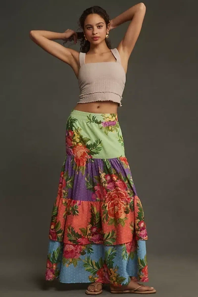 Farm Rio X Anthropologie Tiered Floral Maxi Skirt In Pink