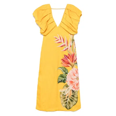 Farm Rio Off-white Spring Awakening Euroflax Premium Linen Midi Dress In Spring Awakening Off-white