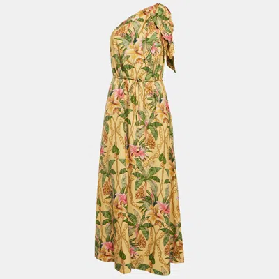 Pre-owned Farm Rio Yellow Tropical Paradise Printed One Shoulder Maxi Dress M