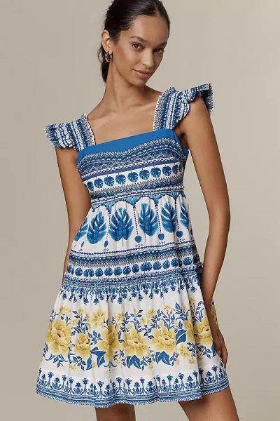 Farm Rio Zuli Cotton Flutter-sleeve Mini Dress In Blue