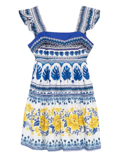 Farm Rio Zuli Organic Cotton Mini Dress In Off-white In Blue