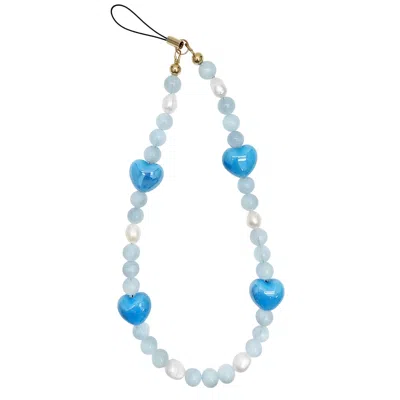 Farra Blue Aquamarine And Freshwater Pearls With Hearts Phone Strap
