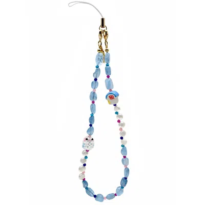 Farra Blue Handcrafted Bird & Ceramic House Aquamarine Pearl Phone Strap In Multi