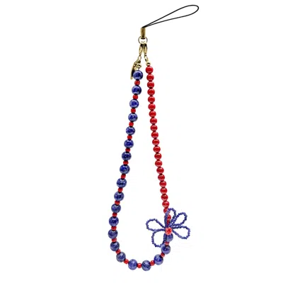 Farra Blue Lapis Lazuli & Red Bamboo Coral With Crafted Flower Phone Strap In Blue/orange/red