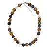 Farra Brown Nugget Tiger-eye Stone And Lava Stone With Freshwater Pearls Men's Necklace