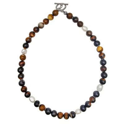 Farra Brown Tiger's Iron Stone With Freshwater Pearls Men's Necklace