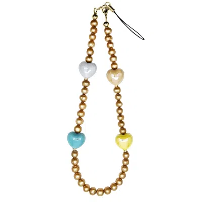 Farra Golden Color Freshwater Pearls With Colorful Ceramic Hearts Phone Strap