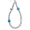 Farra Grey Freshwater Pearls With Cat And Blue Heart Phone Strap