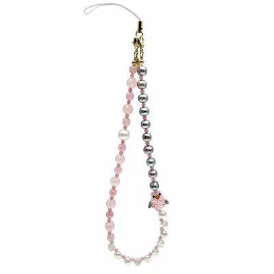 Farra Pink Handcrafted Bird Freshwater Pearl & Rose Quartz Phone Strap