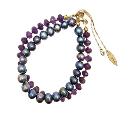 Farra Women's Amethyst With Purple Freshwater Pearl Double Layers Bracelet
