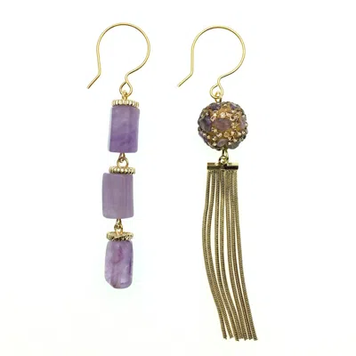 Farra Women's Amethyst With Rhinestones Bordered Asymmetric Earrings In Red
