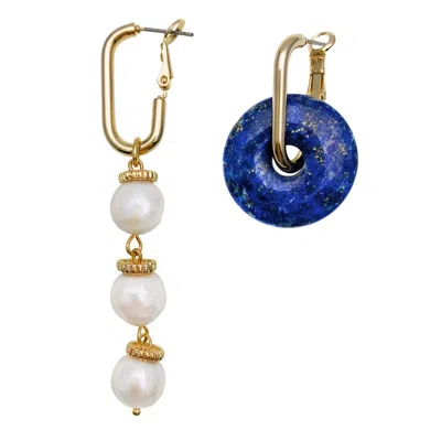 Farra Women's Asymmetric Lapis & Freshwater Pearls Clip On Earrings In Yellow