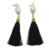 Farra Women's Baroque Pearl With Black Tassel Earrings