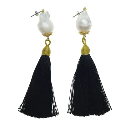 Farra Women's Baroque Pearl With Black Tassel Earrings