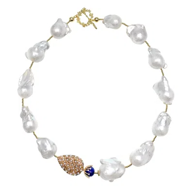 Farra Women's Baroque Pearl With Rhinestones Bordered Pearls & Lapis Short Necklace In Yellow