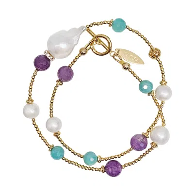 Farra Women's Baroque Pearls With Amazonite & Amethyst Double Layers Bracelet / Choker In Multi