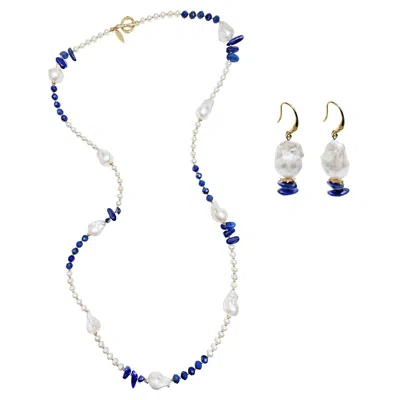 Farra Women's Baroque Pearls Wth Blue Lapis And Kyanite Long Necklace And Earrings Set In Metallic