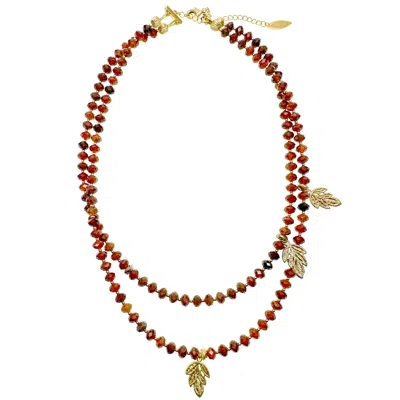 Farra Women's Birthstone Orange Garnet With Leaves Charms Double Strands Necklace
