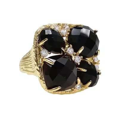 Farra Women's Black Agate With Zircon Statement Adjustable Ring