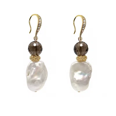 Farra Women's Black Classic Style Baroque Pearl With Smoky Quartz Dangle Earrings