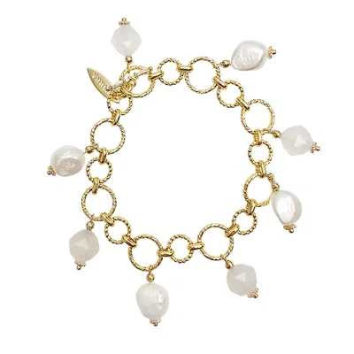 Farra Women's Black Freshwater Pearl And White Agate Charms Chain Bracelet