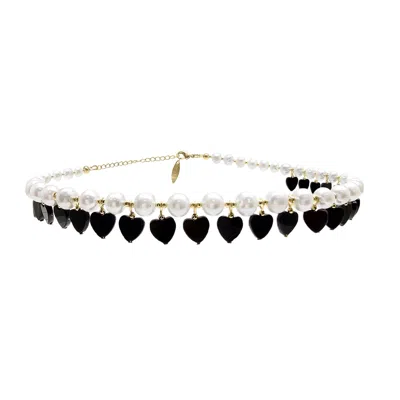 Farra Women's Black Freshwater Pearls With Heart Shaped Obsidian Charm Choker Necklace