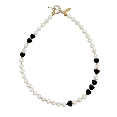 Farra Women's Black Freshwater Pearls With Heart Shaped Obsidian Choker Necklace