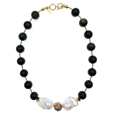 Farra Women's Black Gemstone With Baroque Pearl Statement Necklace