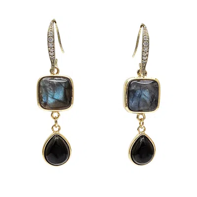 Farra Women's Black Labradorite With Teardrop Obsidian Earrings