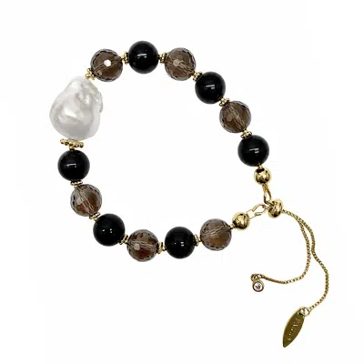 Farra Women's Black Obsidian And Smoky Quartz With Baroque Pearl Bracelet
