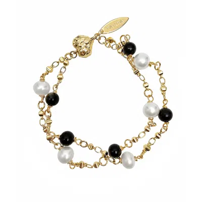 Farra Women's Black Obsidian And White Freshwater Pearl Double Layers Magnetic Clasp Bracelet