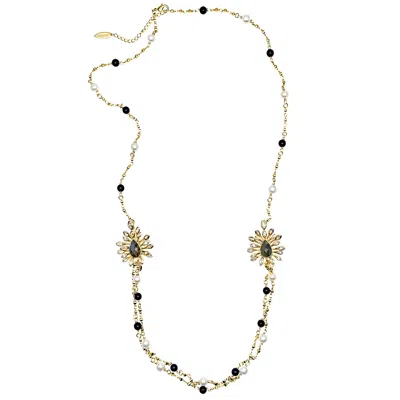 Farra Women's Black Obsidian And White Freshwater Pearl With Flower Pendants Necklace