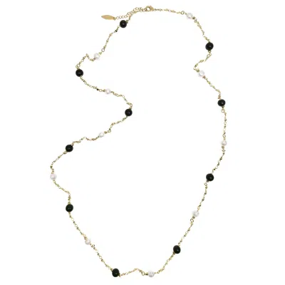 Farra Women's Black Obsidian And White Pearls Long Necklace