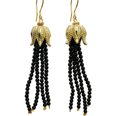 Farra Women's Black Obsidian Beaded Tassel Earrings