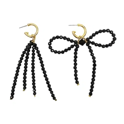 Farra Women's Black Obsidian Crafted Butterfly Knot And Tassel Asymmetric Earrings