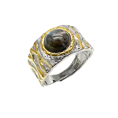 Farra Women's Black Obsidian Stone Platinum Plated Brass Adjustable Ring