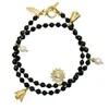 Farra Women's Black Obsidian With Evil Eye Charms Double Layers Bracelet Or Choker In Black