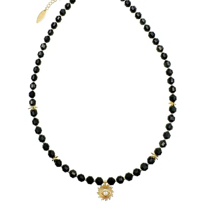 Farra Women's Black Obsidian With Evil Eye Pendant Necklace