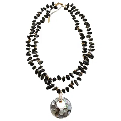 Farra Women's Black Obsidian With Shell Pendant Classical Necklace