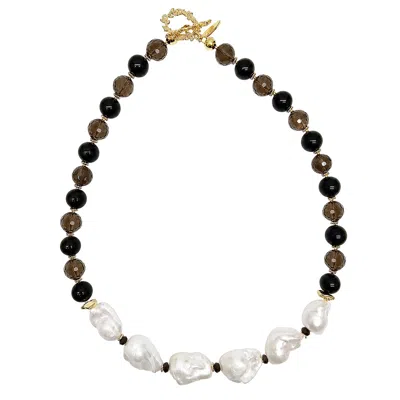Farra Women's Black Quartz And Obsidian With Baroque Pearl Statement Necklace