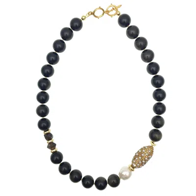 Farra Women's Black Tiger Eye With Freshwater Pearls Short Necklace