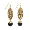 Farra Women's Black Tiger Eye With Rhinestones Bordered Pearls Dangle Earrings