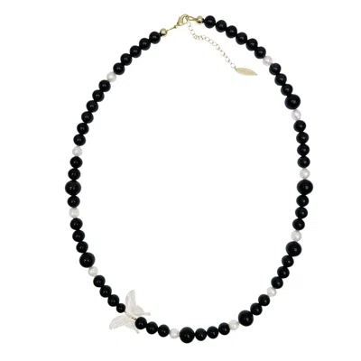 Farra Women's Black / White Black Obsidian With White Butterfly Charm Statement Necklace In Multi