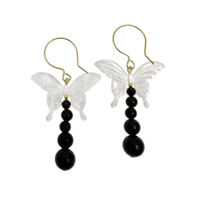 Farra Women's Black / White Butterfly Shell With Black Obsidian Statement Earrings In Multi