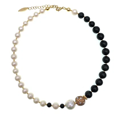 Farra Women's Black / White Classic Style Black Obsidian With Freshwater Pearls Necklace In Multi