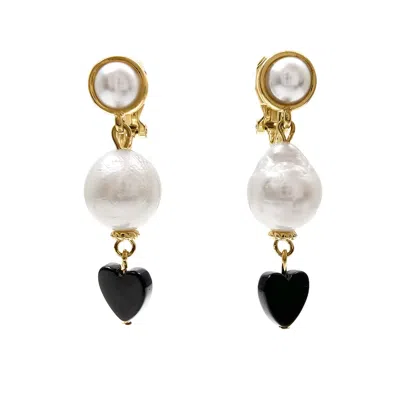 Farra Women's Black White Freshwater Pearl With Heat Agate Clipo-on Earrings