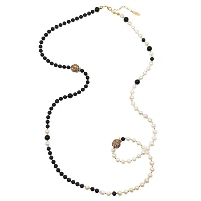 Farra Women's Black / White Freshwater Pearls With Obsidian Statement Long Necklace In Multi
