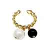 Farra Women's Black / White Timeless Black Obsidian And White Freshwater Drops Adjustable Ring In Multi