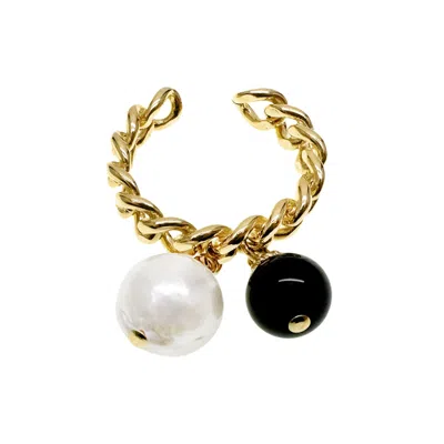 Farra Women's Black / White Timeless Black Obsidian And White Freshwater Drops Adjustable Ring In Multi