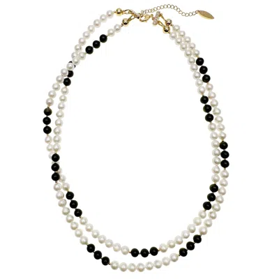Farra Women's Black / White Timeless Black Obsidian & White Freshwater Pearls Double Layers Necklace